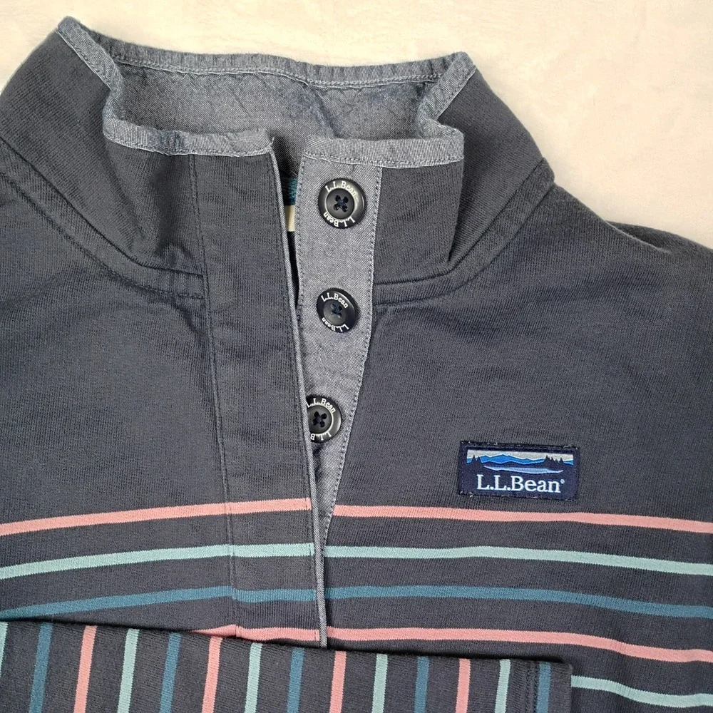 LL Bean Mens Small Striped Quarter Button Pullover Mock Neck Navy Blue Teal Pink